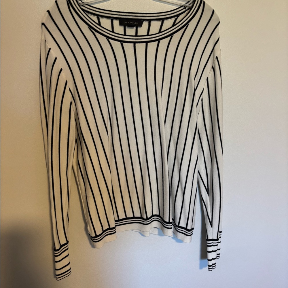 Ann Taylor Ivory and Black Striped Long Sleeve Top